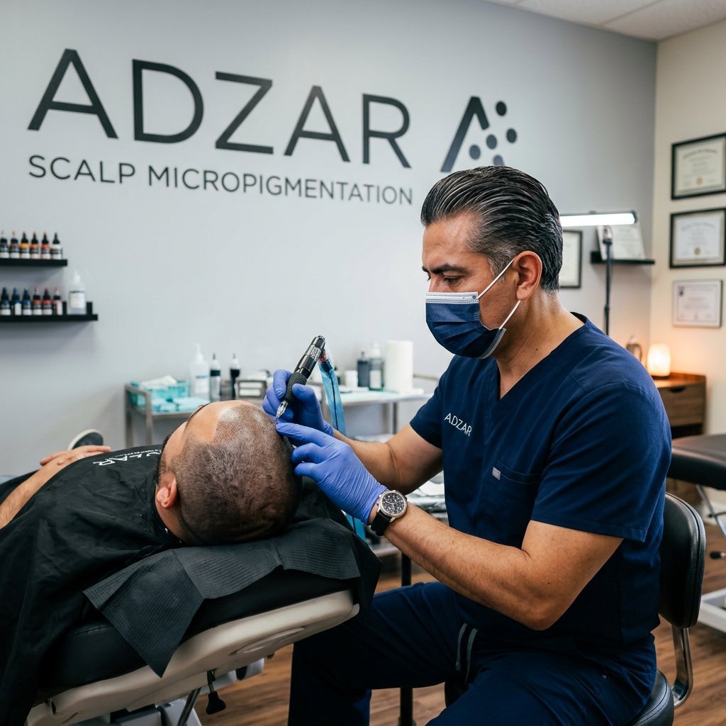 Practitioner performing scalp micropigmentation treatment on a clients head in an ADZAR clinic setting